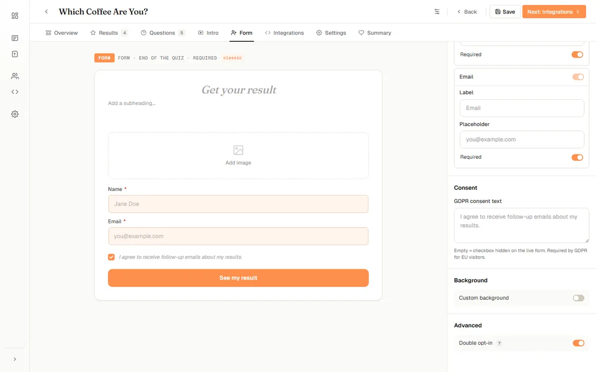 Quizably Form tab with the form at the end of the quiz and the Double opt-in toggle switched on under Advanced
