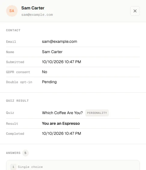 Quizably lead detail panel for a test lead: Double opt-in shows Pending until the visitor clicks the confirmation link