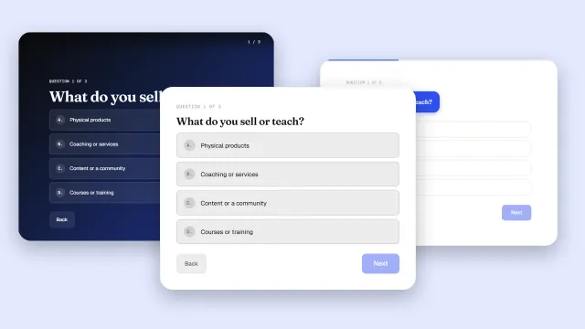 Previews of the Classic, Minimal and Full Screen quiz templates